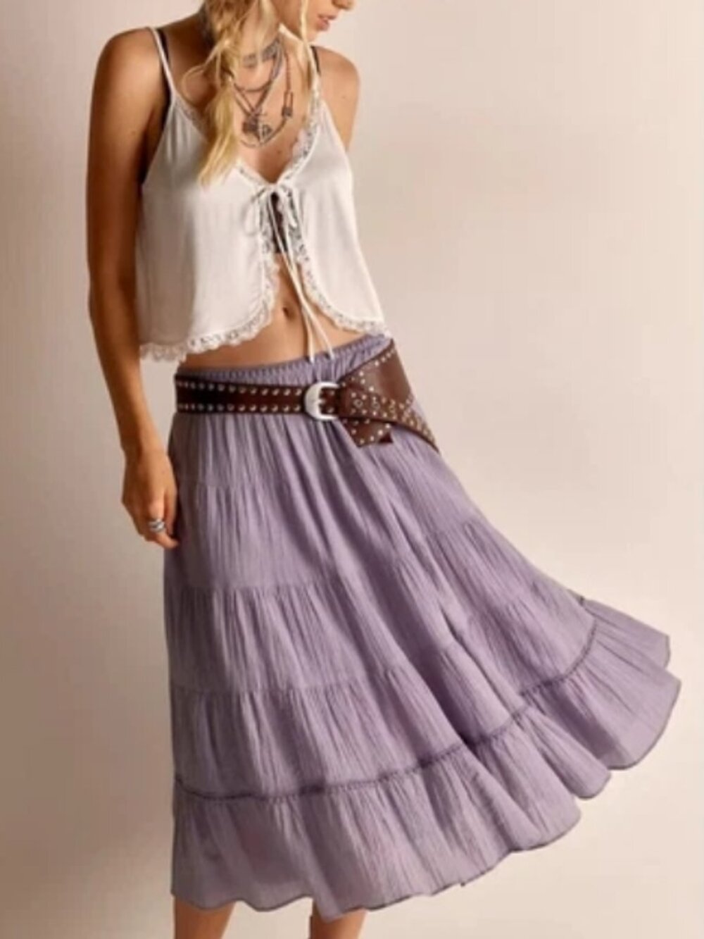 Free People “Bright Side” Lavender Tiered Midi Skirt